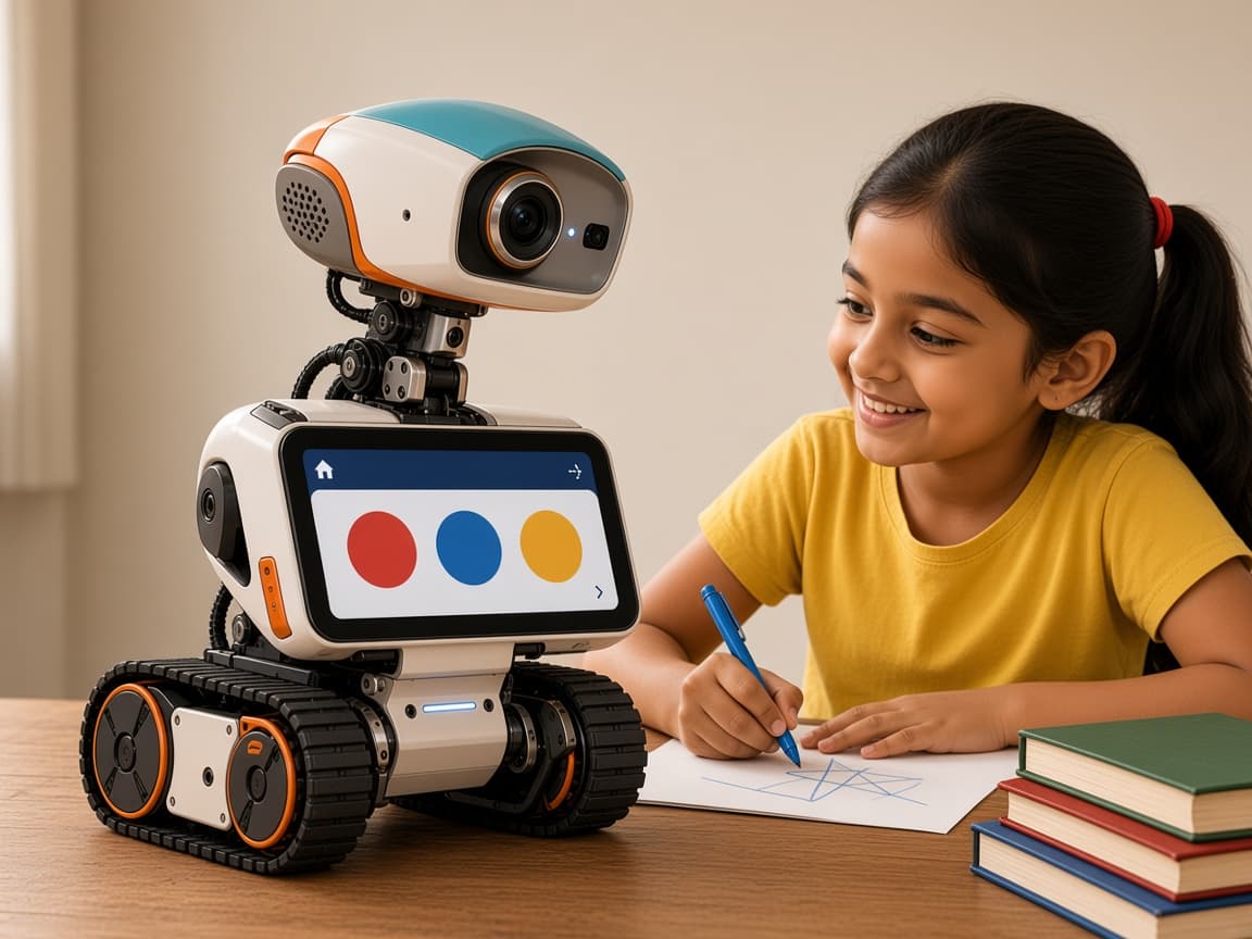 Cookie, the tracked robot with a camera head, sitting beside a girl drawing.