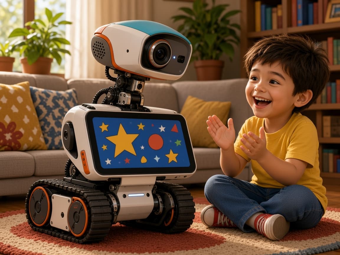 A child clapping beside Cookie, whose screen is full of stars.