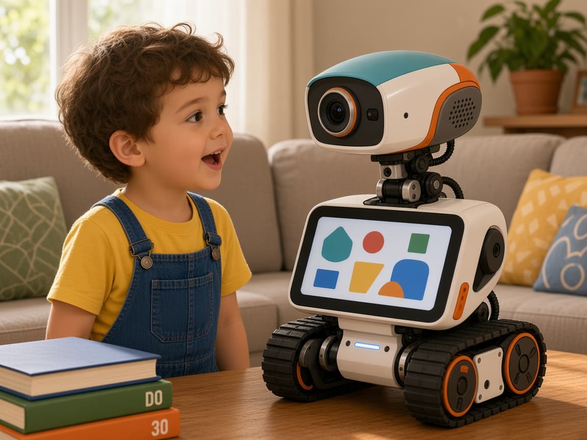 Cookie turns its camera head toward a child who is talking.